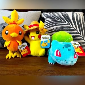 BNWT Pokémon Plushies! Bulbasaur, Pikachu with Sunhat and Torchic